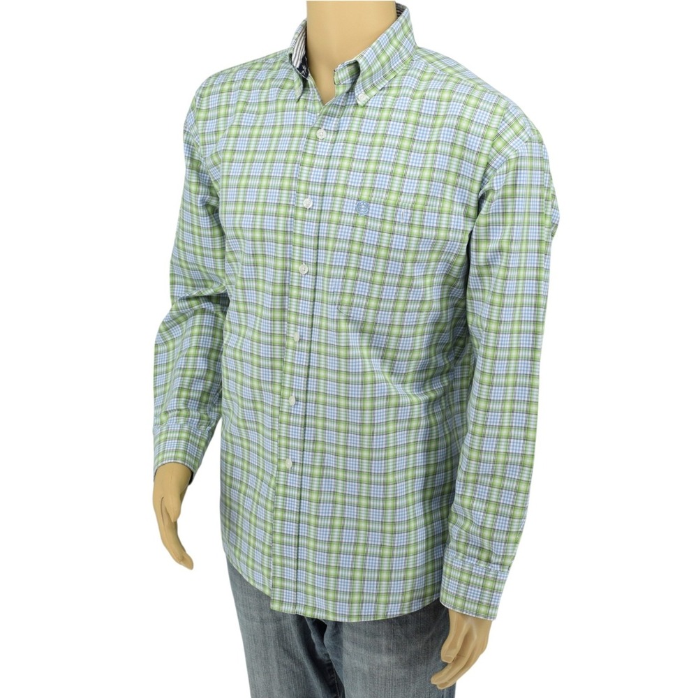 Wrangler George Strait Cowboy Cut Mens L Blue Green Plaid Western Shirt - Picture 3 of 11